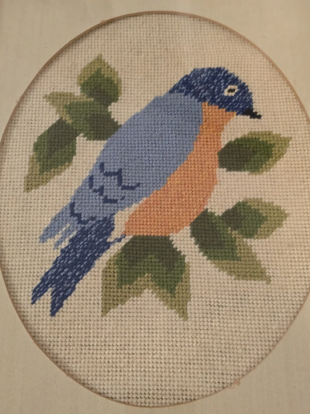 Vintage Framed Bluebird Cross Stitch Needlepoint Wall Art 13.5x16.5 Cottagecore